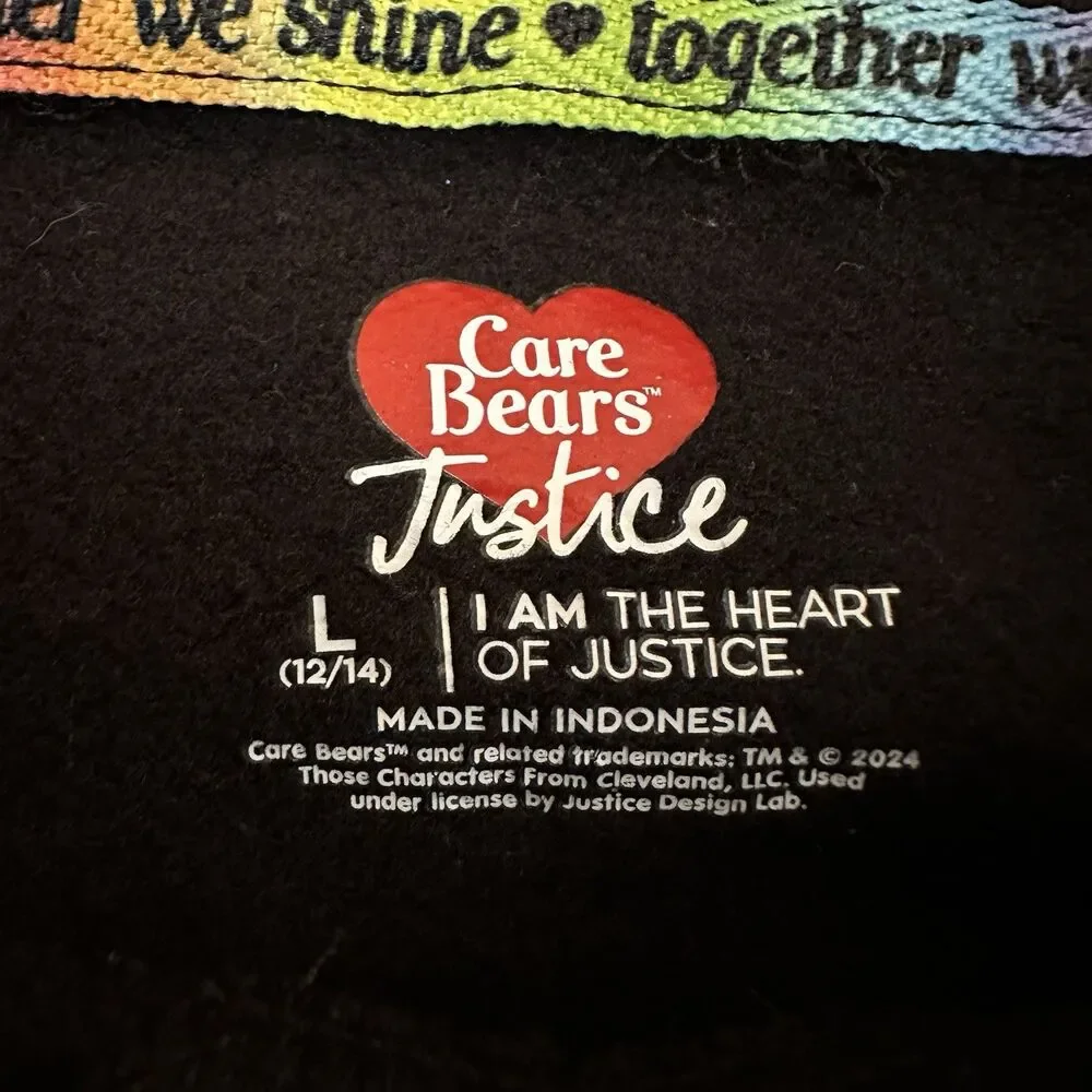 Care Bears Justice Girls L 12/14 Black Hoodie Rainbow Heart Graphic